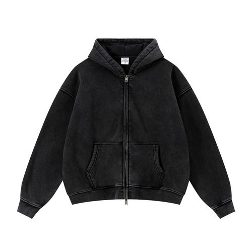 400GSM Unisex Vintage-Wash Boxy-Fit Zip-Up Hoodie Vintage Black