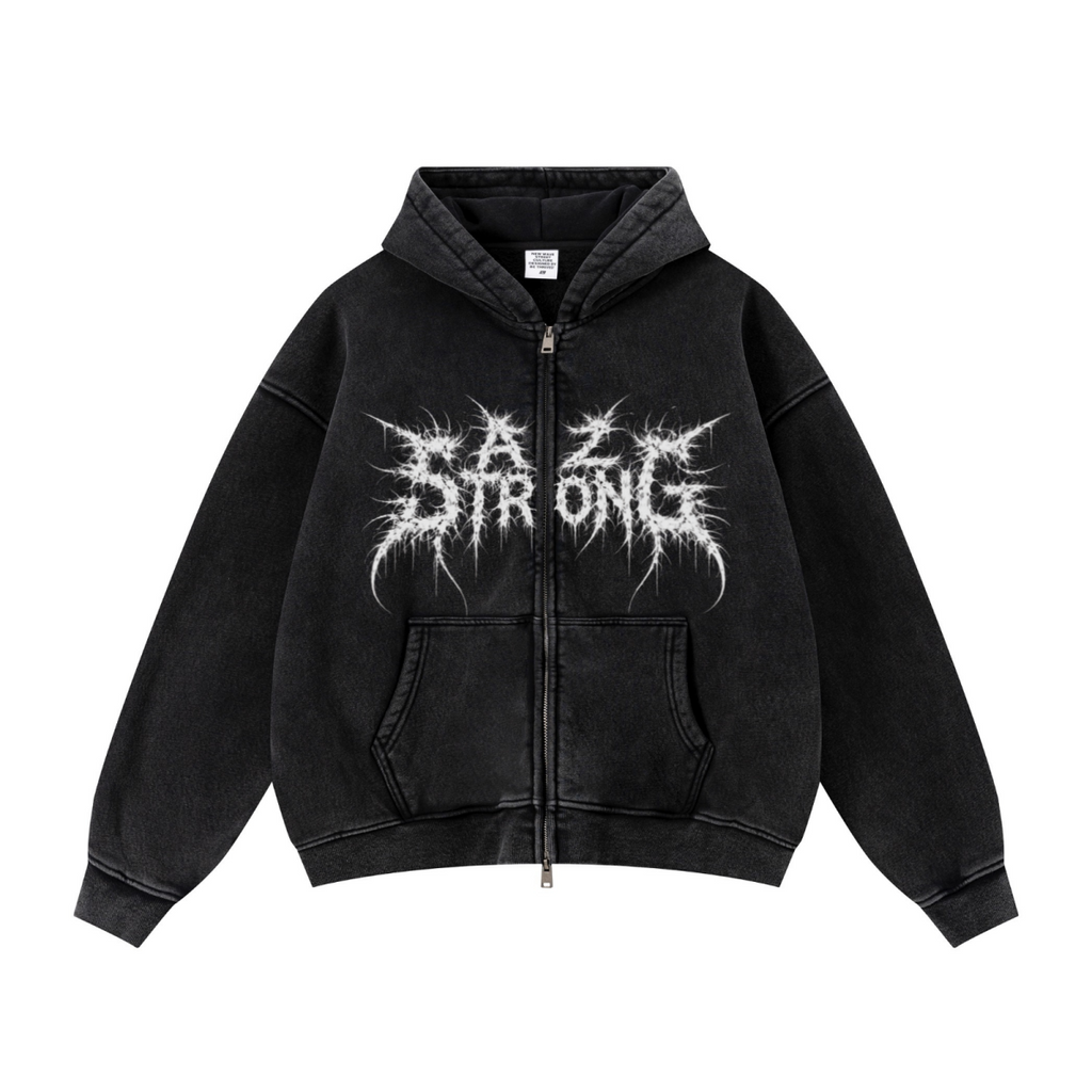 400GSM Unisex Vintage-Wash Boxy-Fit Zip-Up Hoodie Vintage Black